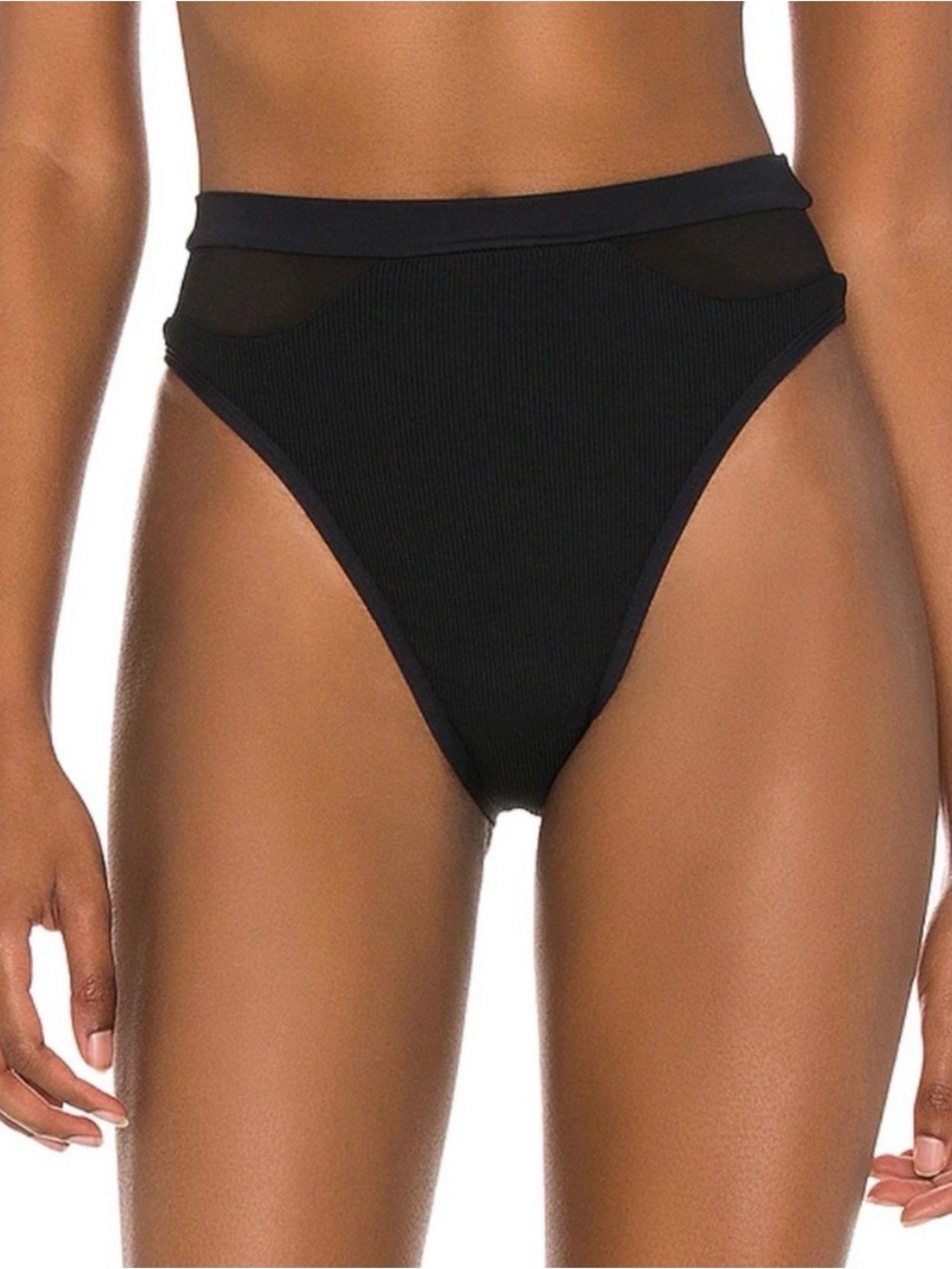 L space High-Waist Black Ribbed Bikini Bottoms with mesh accents
